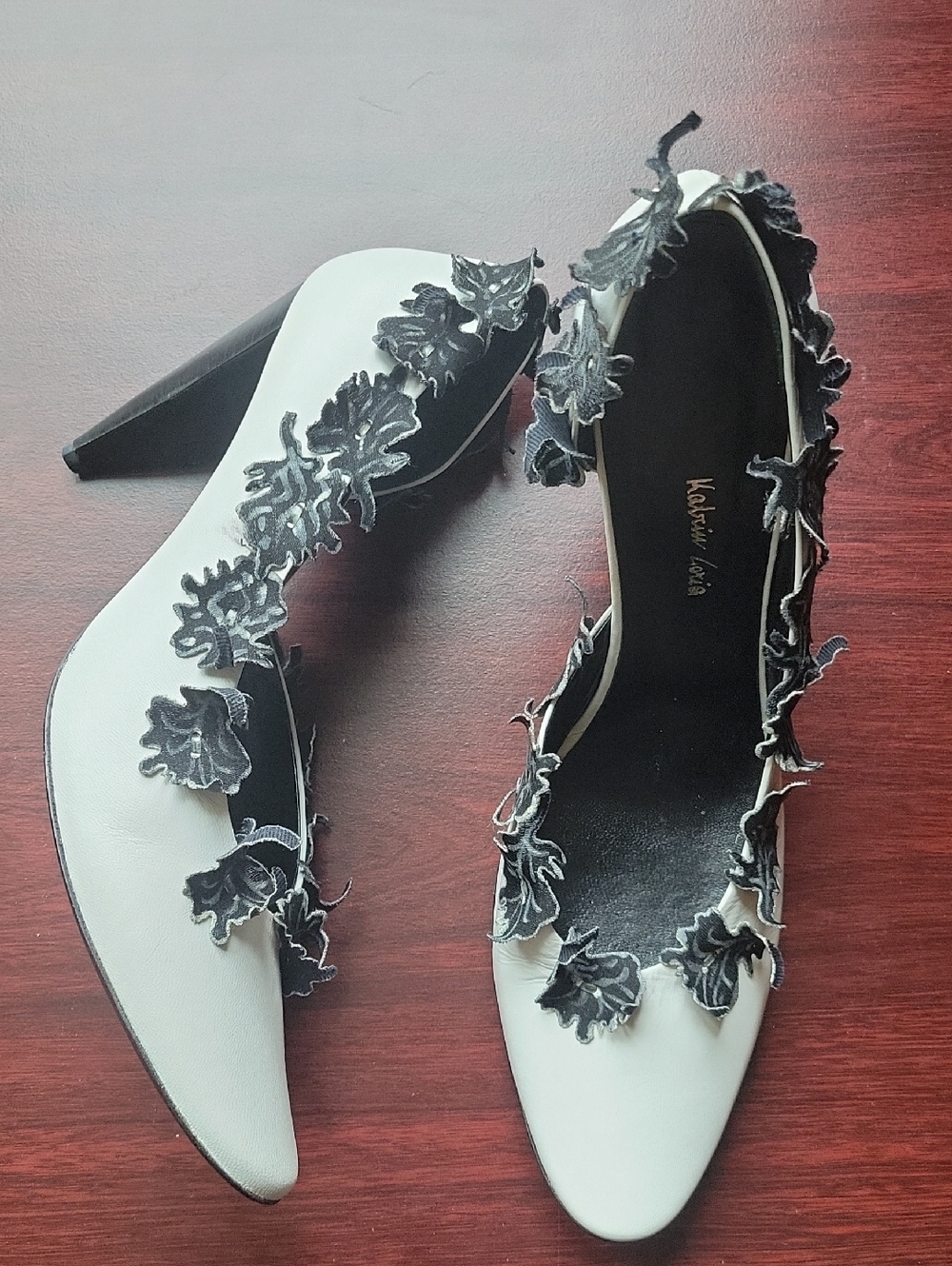 White Pointed Leather Heels with Black Floral Appliqué